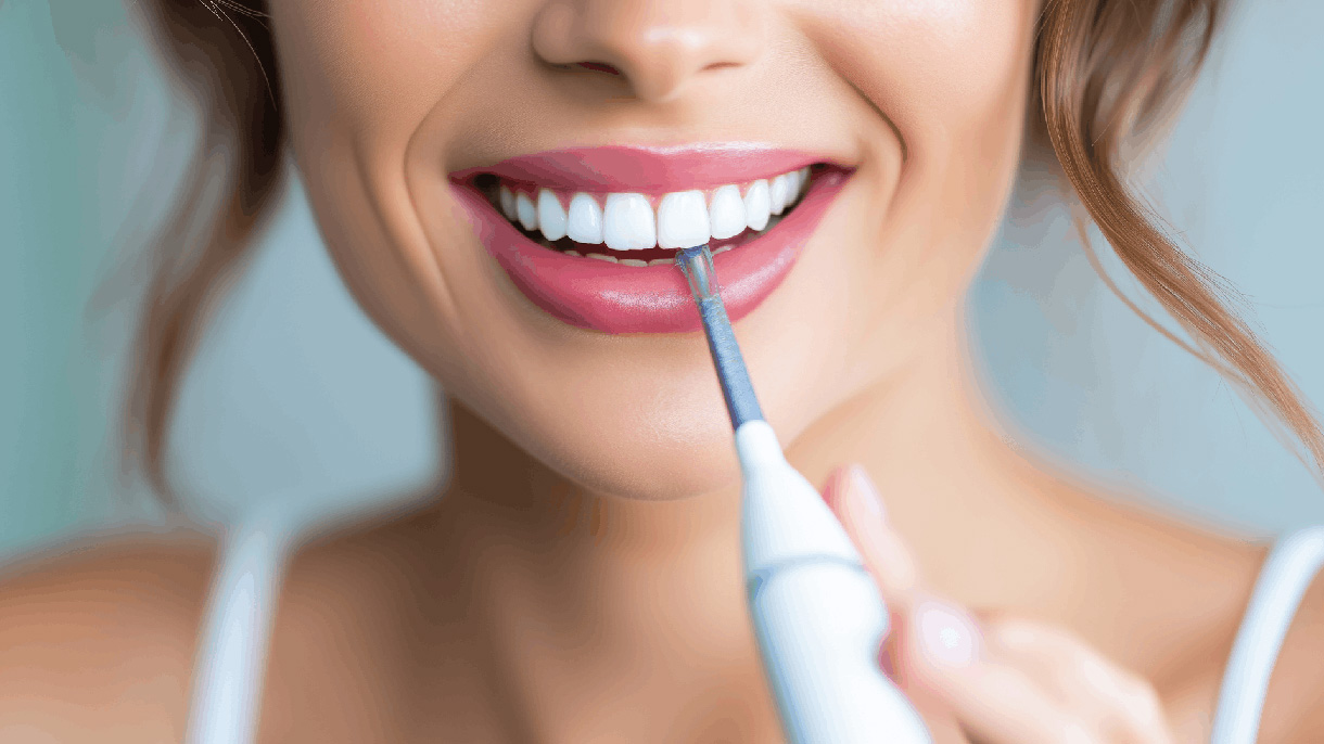 Close up shot of a woman using a WaterPik